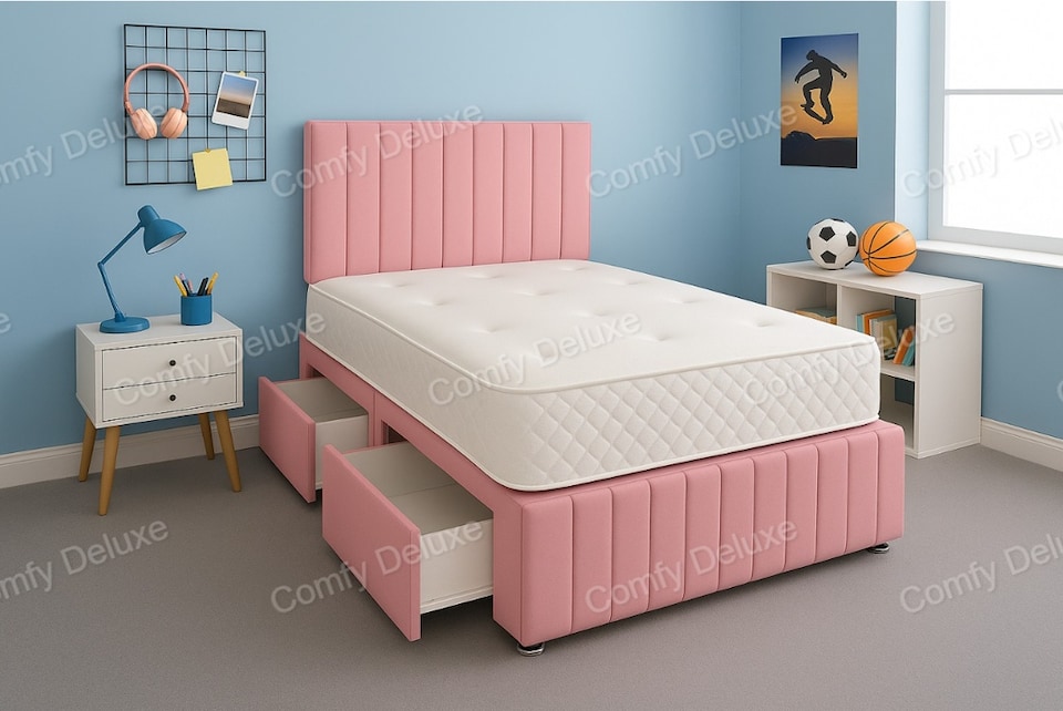 Pink Plush 4ft Small Double  Divan Bed Set Headboard & Footboard - 2 Drawers Right Side Laying in Bed