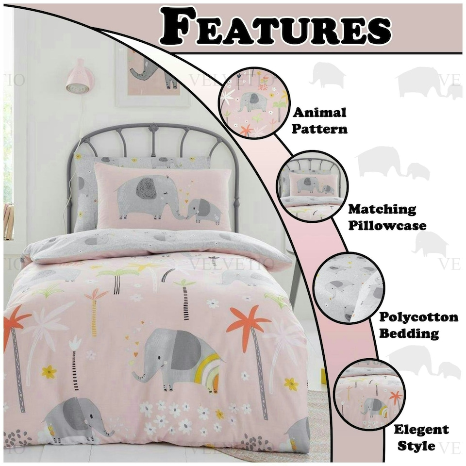 image 1 of VELVETIO Elephant Friends Duvet Cover Set Luxury Kids Reversible Beddings Pink | Double