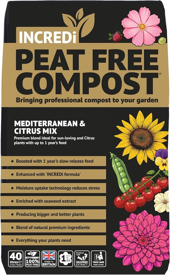 INCREDiPeatFree Premium Mediterranean & Citrus Compost 40L with 120g Incredibloom Plant Fertiliser Peat Free Grow Medium
