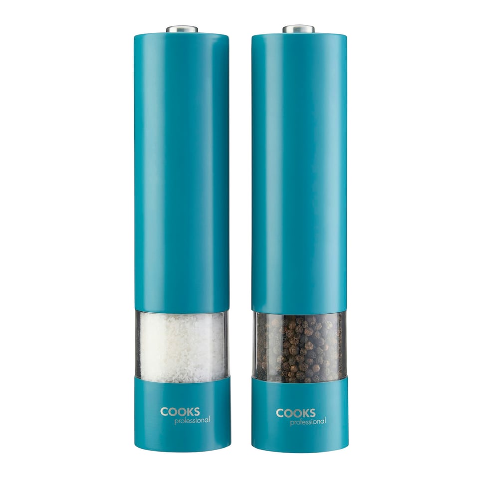 image 1 of Cooks Professional Electric Salt & Pepper Mill Set | Adjustable Grind Settings | Simple One-Button Operation | Teal