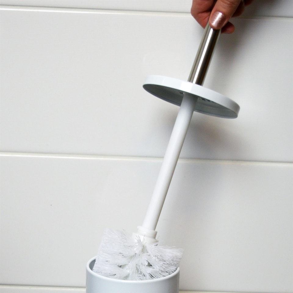 image 1 of Harbour Housewares Bathroom Bin & Toilet Brush Set - 5L - White - Round Stainless Steel Slim Trashcan Rubbish Bin & Brush