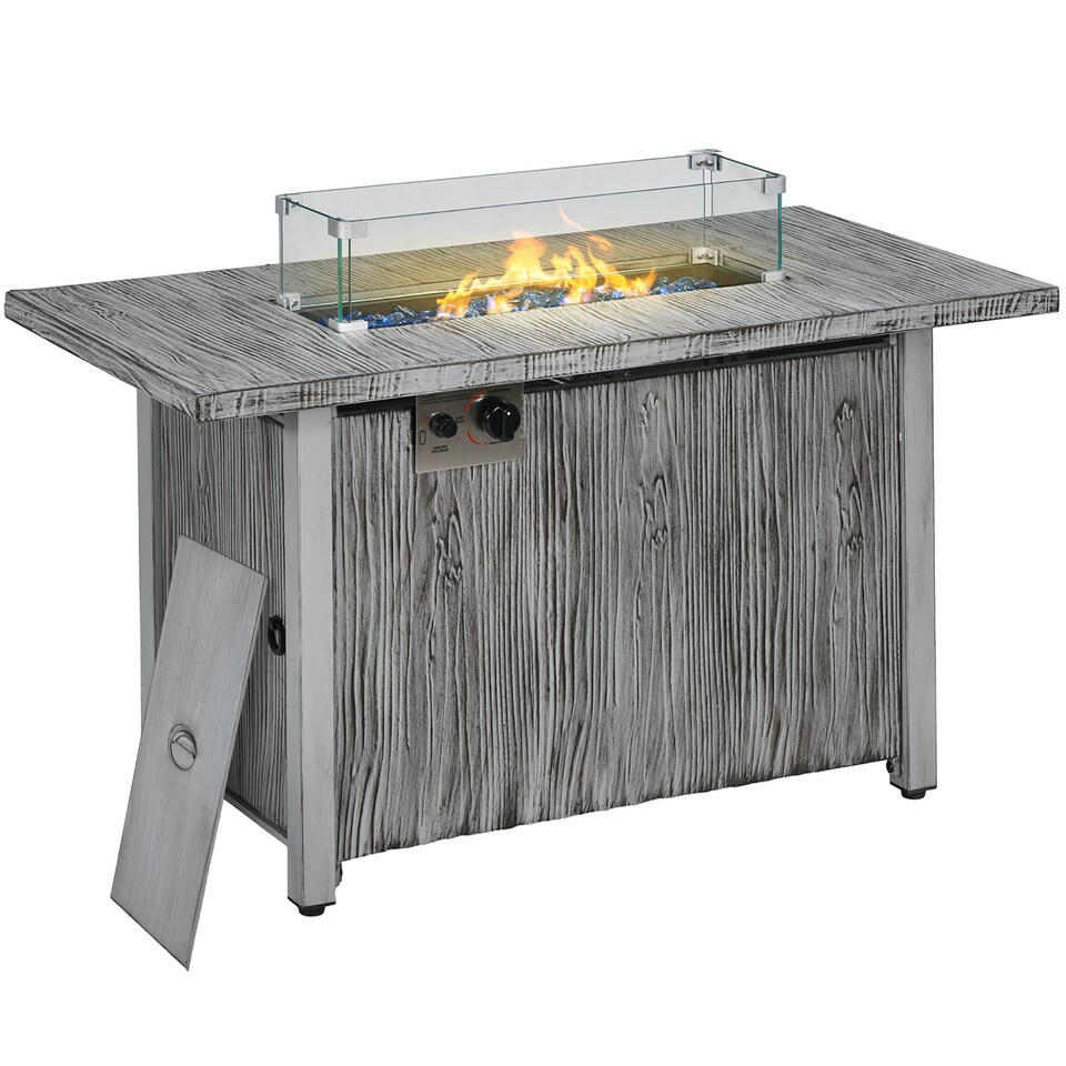 image 1 of Outsunny Propane Gas Fire Pit Table for Garden, 50000 BTU Smokeless Firepit Outdoor Patio Heater with Waterproof Cover, Glass Screen, Glass Beads and Lid, Wood Effect, 109 x 56 x 63cm, Grey