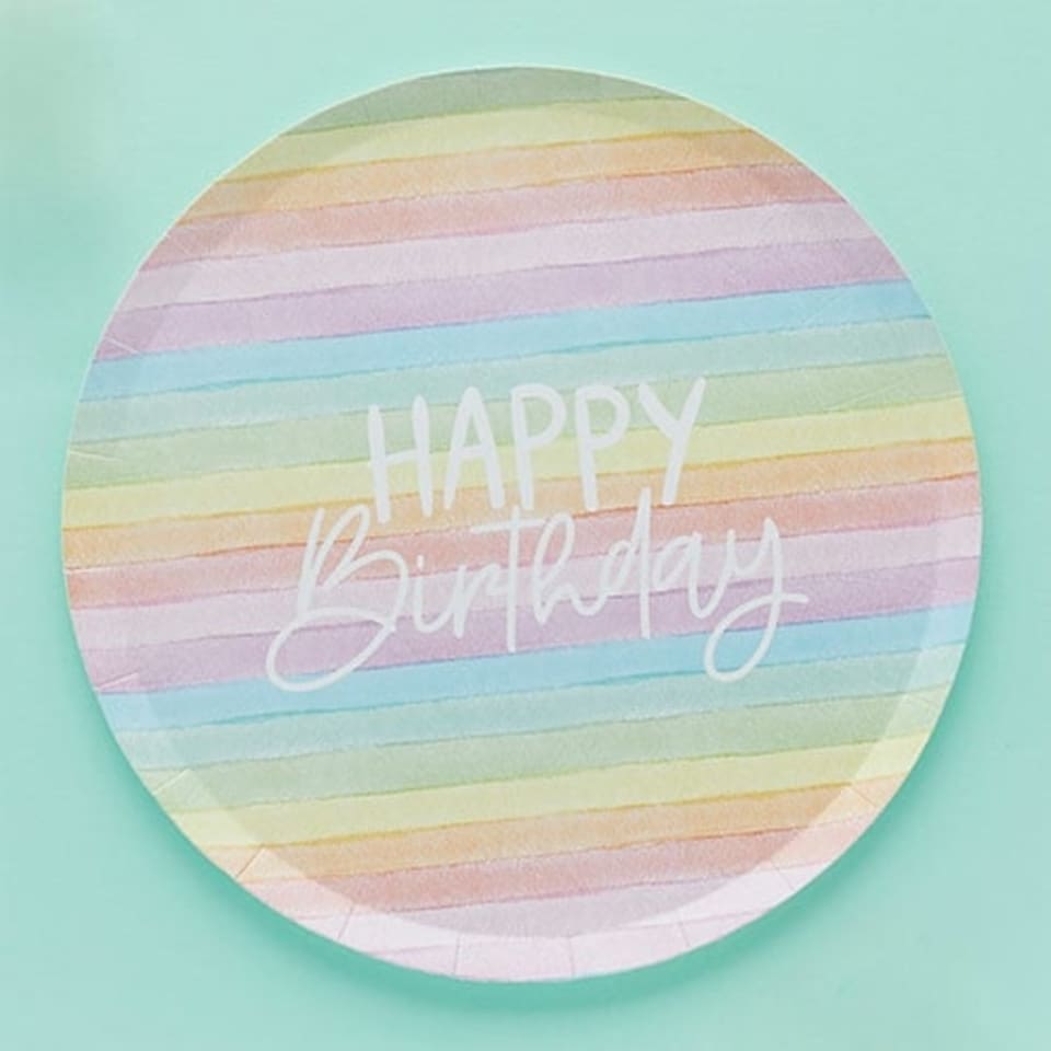 image 1 of Pastel Rainbow Stripes Happy Birthday Eco Round Paper Plates 23cm - Pack of 8 Multi