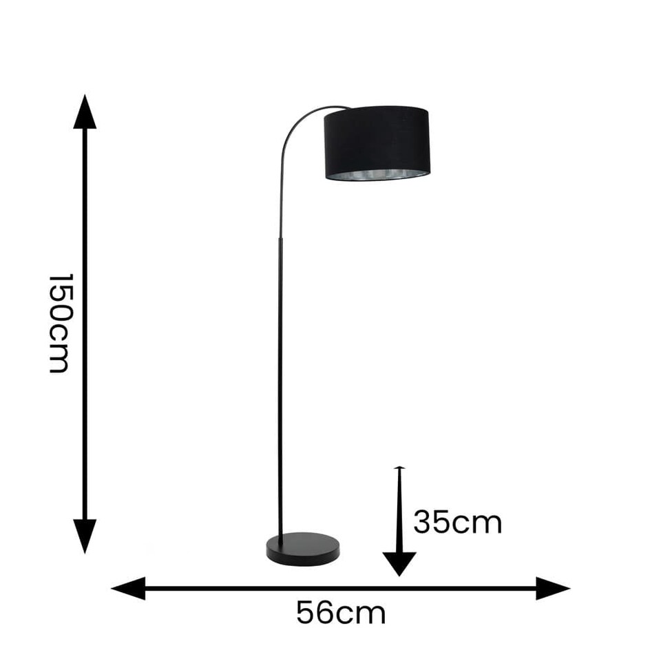 image 1 of ValueLights Curva Black Arched Floor Lamp Black Velvet Chrome Shade | Black