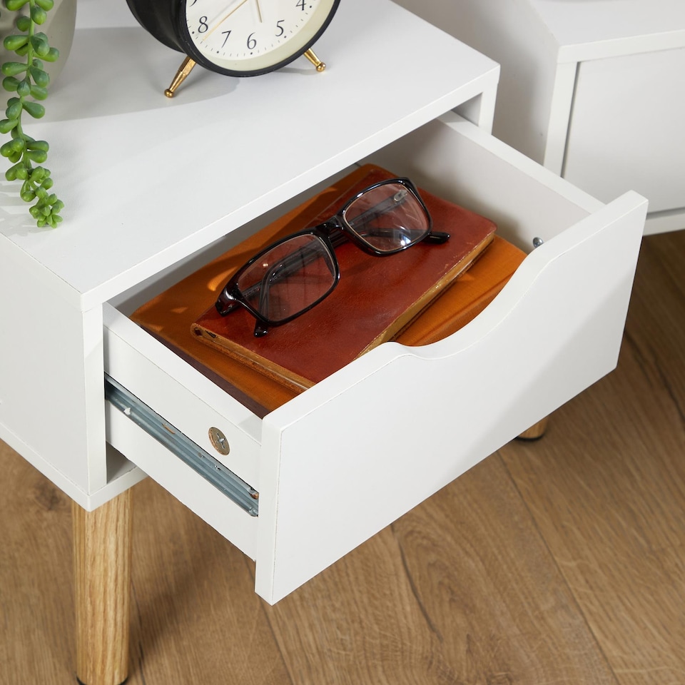 image 1 of Bedside Cabinet White 1 Drawer Bedroom Side Table For Storage Wooden Legs Modern