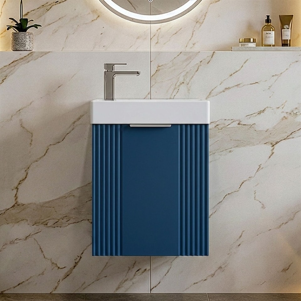 image 1 of Balterley Retro Wall Hung 1 Door Cloakroom Vanity Basin Unit | Blue | Satin Blue | 1