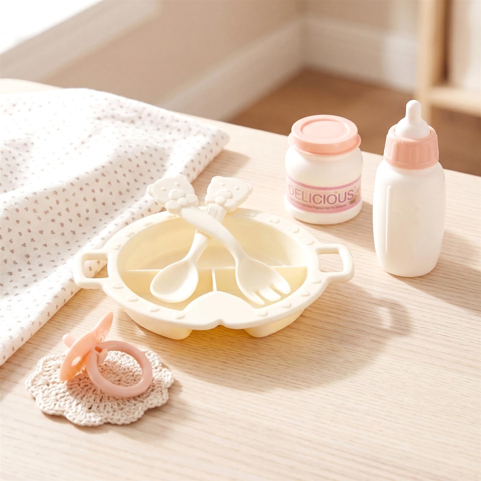 image 1 of BiBi Doll Baby Doll High Chair Feeding Set Nursery Toy Peach Cream Role Play Accessories