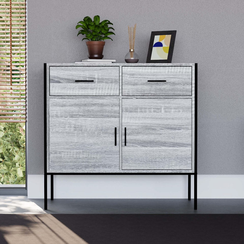 image 1 of Vida Designs Brooklyn 2 Door 2 Drawer Sideboard Industrial Buffet Cabinet Storage, Grey | Grey | 1