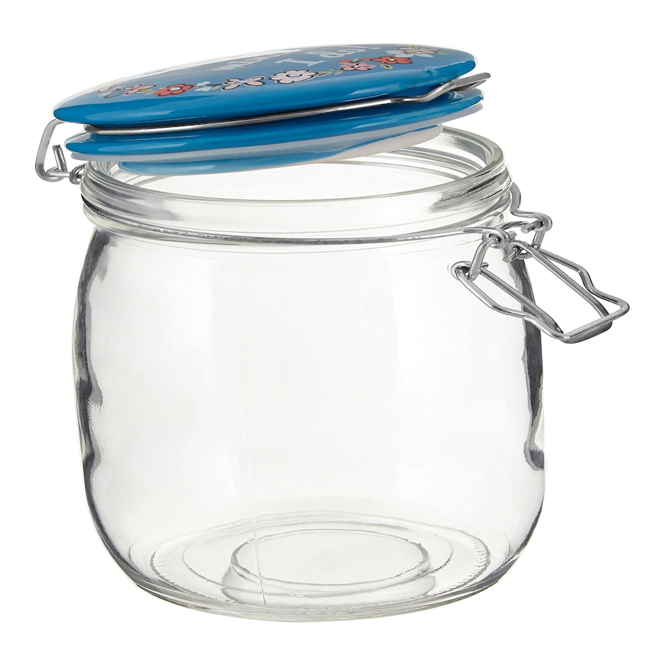 image 1 of Interiors By Premier Pretty Things Glass Jar 1000ml, Clear Glass Storage Jar with Blue Ceramic Clip Top Lid