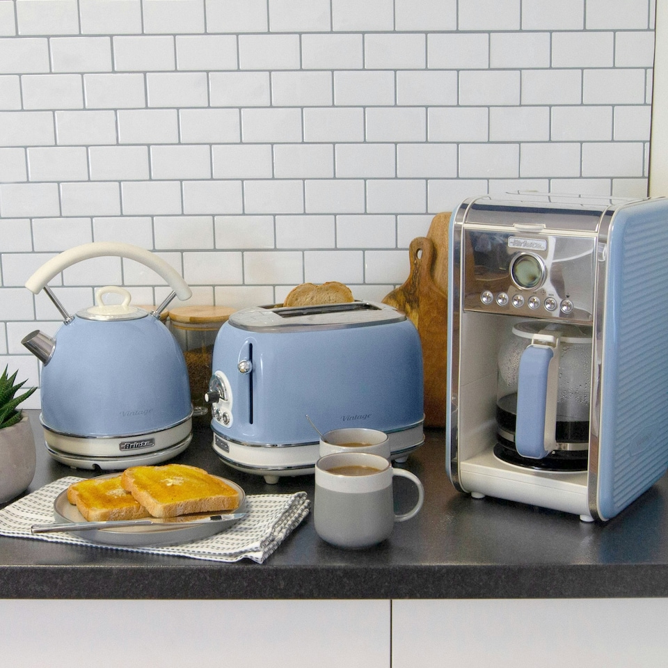 image 1 of Ariete ARPK15 Vintage Retro Dome Kettle, Toaster & Filter Coffee Machine Set, Blue