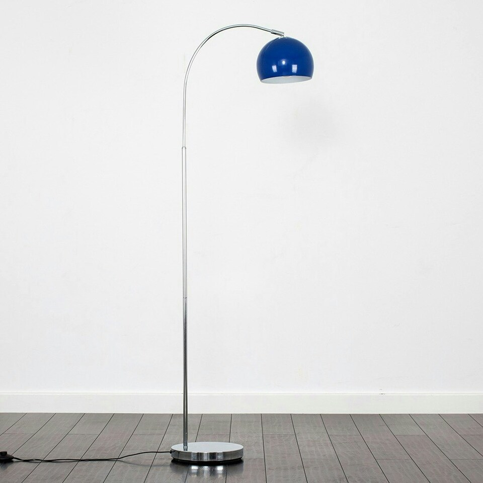 image 1 of ValueLights Polished Chrome Curved Stem Floor Lamp With Gloss Navy Metal Dome Light Shade Blue