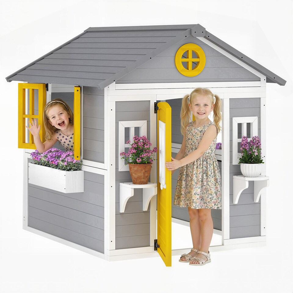 image 1 of Outsunny Wooden Playhouse with Doors, Windows, Plant Pots for Kids - Grey