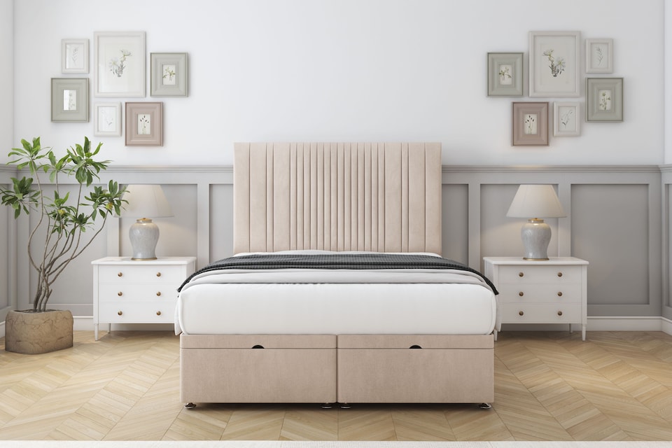 image 1 of Sloomy Kingsley Sand Naples Ottoman Bed Base With 54" Floor Standing Headboard 2'6 Small Single | Cream | Sand | Small Single | 1