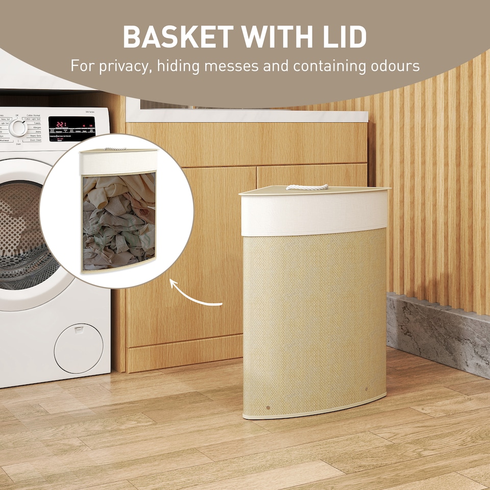 image 1 of HOMCOM Bamboo Laundry Basket with Lid, 55L Corner Laundry Hamper with Removable Washable Liner Bag, Bathroom Triangle Washing Basket, 35 x 35 x 60 cm, Nature Wood Finish | Yellow | Cream