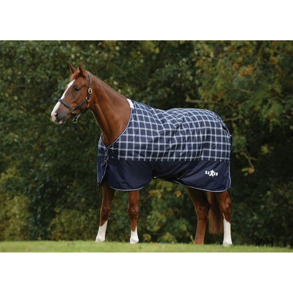 image 1 of Saxon Defiant Standard-Neck Plaid Midweight Horse Turnout Rug - Navy/White - 6´ 3"