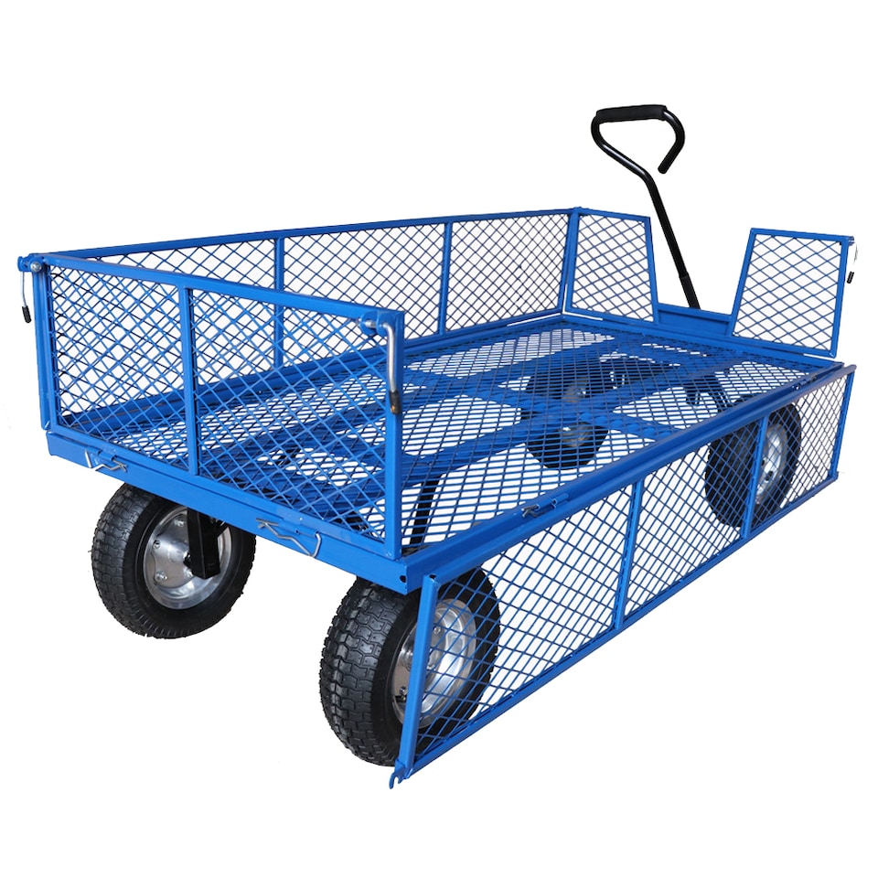 Workhorse Heavy-Duty Industrial Platform Truck With Mesh Sides & Base, 500kg Capacity, Puncture-Proof Wheels & Foam Loop Handle | Blue