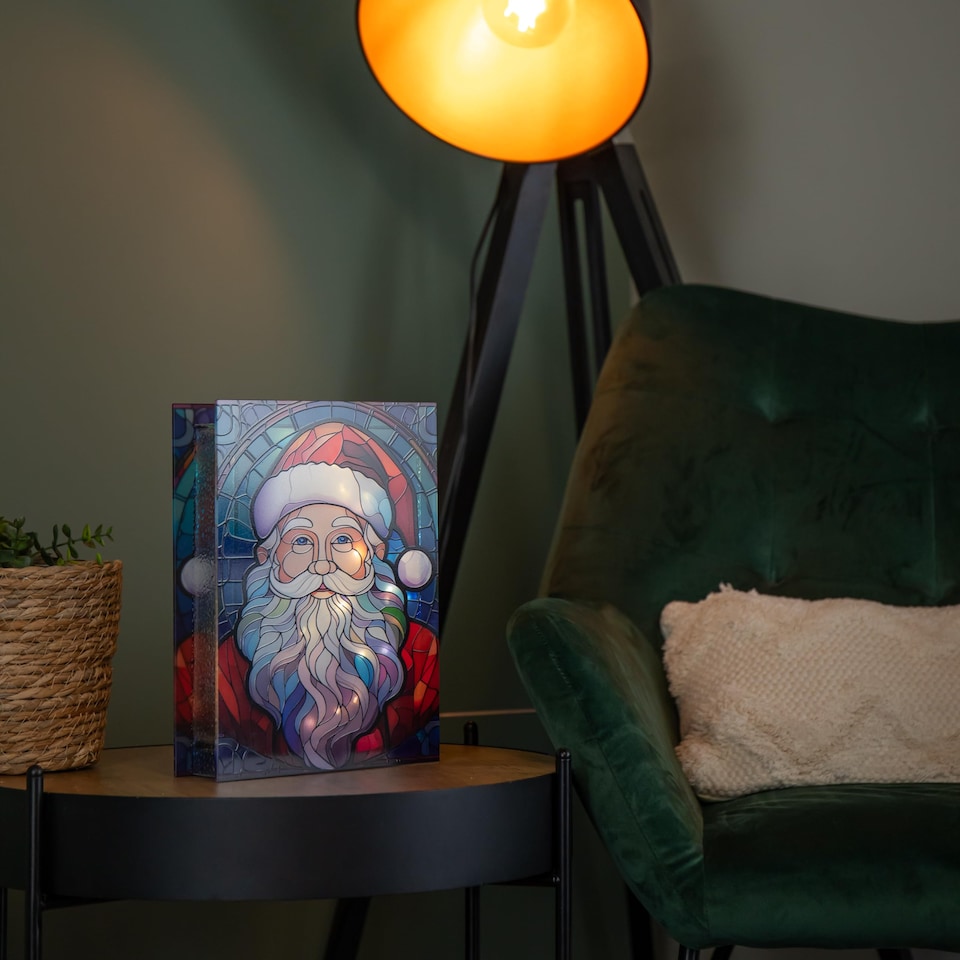 image 1 of 28cm Battery Powered Light up Glass Christmas Decoration with Santa & Warm White LEDs