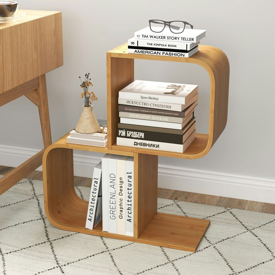 image 1 of COSTWAY 2-Tier S-Shaped Bookcase Bamboo Bookshelf Brown