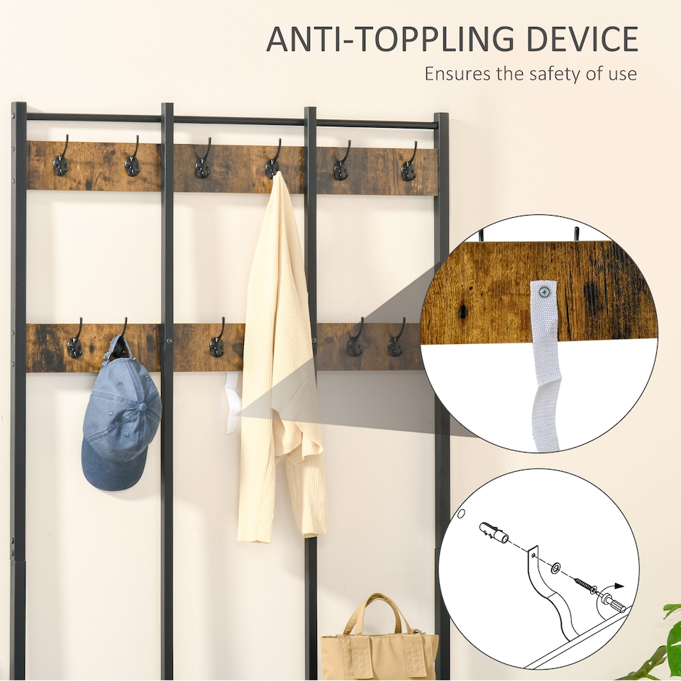 image 1 of HOMCOM Coat Rack Stand, Free Standing Hall Tree, Coat Stand with Hooks, Bench and Shoe Rack, 100cm x 38.5cm x 185.5cm, Industrial Style, Rustic Brown and Black