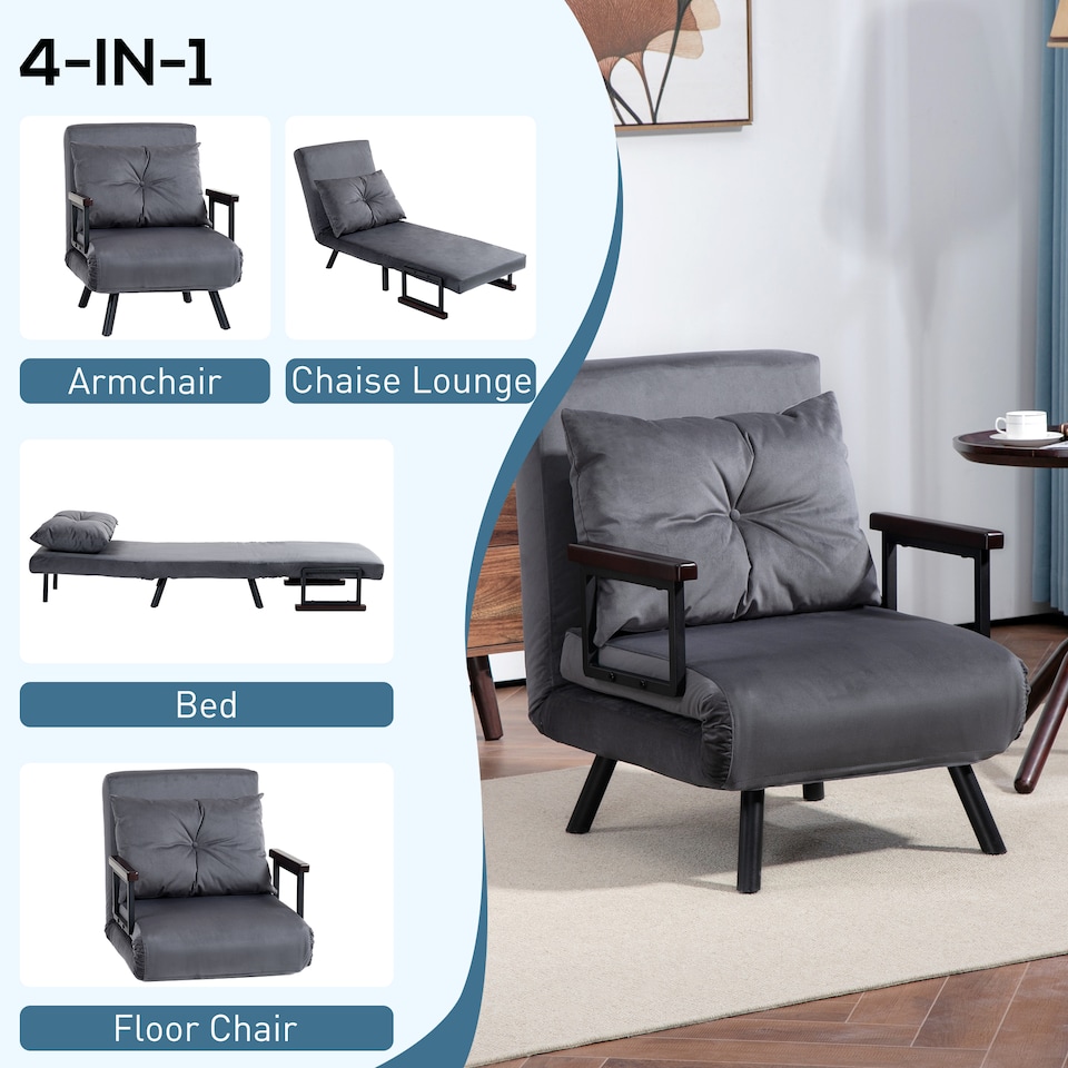 image 1 of HOMCOM Single Chair Bed, Click Clack Convertible Bed Settee, Modern Velvet Feel Fabric Chair Couch with 1 Tufted Cushion, Wood Armrests, for Living Room, Bedroom, Guest Room, Charcoal Grey