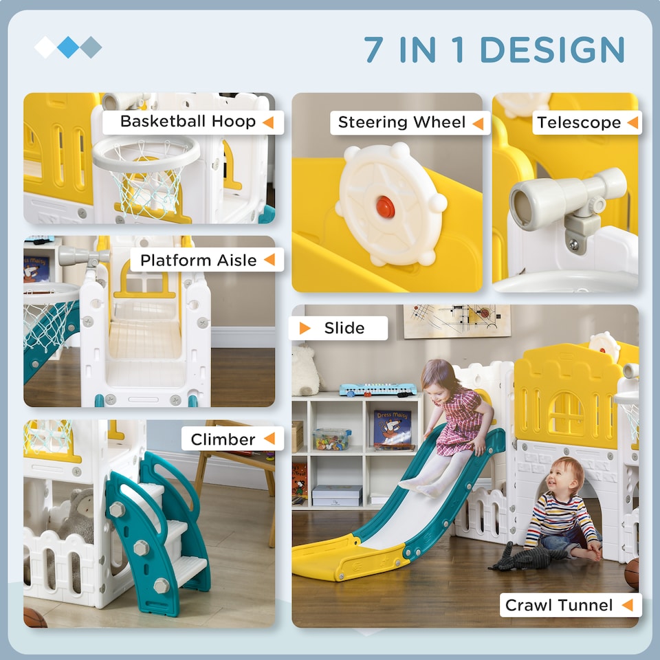 image 1 of AIYAPLAY 7-in-1 Toddler Slide with Basketball Hoop, for 1-3 Years, Yellow