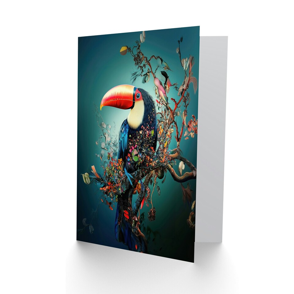 image 1 of Toucan Bird Flowering Tree Branch Surreal Fantasy Birthday Greeting Card