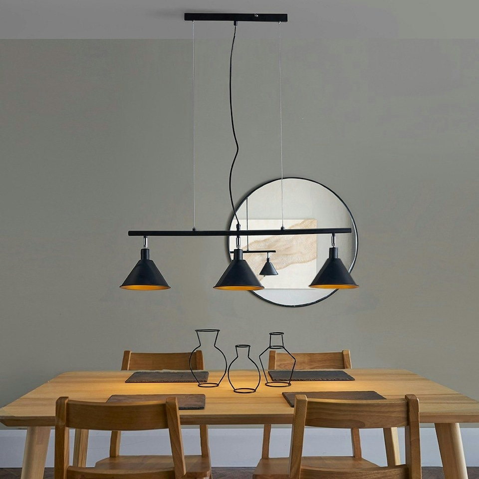 image 1 of ValueLights Modern 3 Way Suspended Ceiling Light With Matte Black Gold Metal Cone Shades