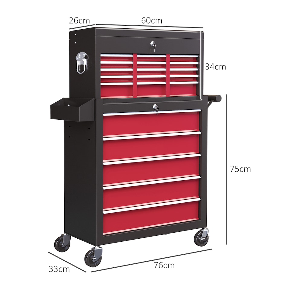 image 1 of HOMCOM Rolling Tool Chest Lockable Roller Cabinet with with 14 Drawers Red