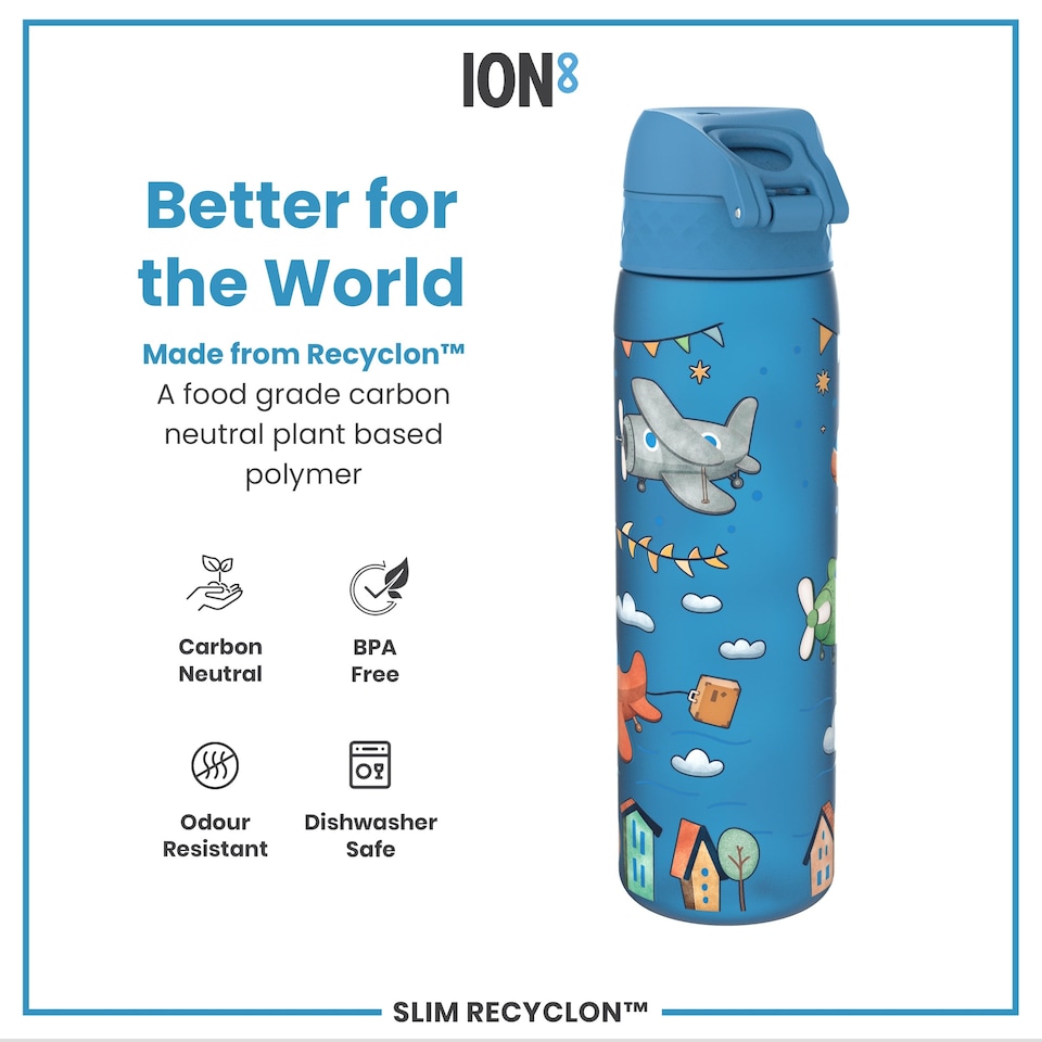 image 1 of Leak Proof Slim Water Bottle, BPA Free, 500ml (18oz) | Blue | Airplanes | One Size