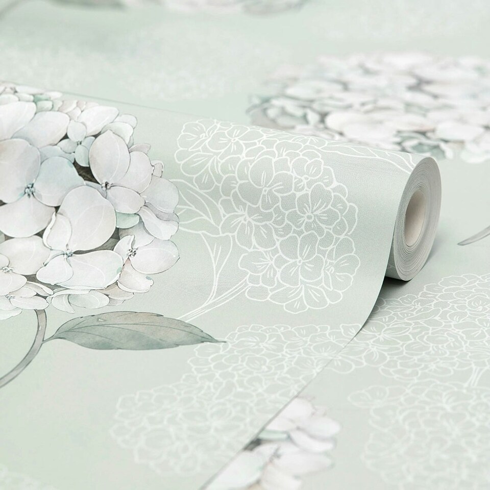 image 1 of Hydrangea Harmony Wallpaper in Sage Green Multi