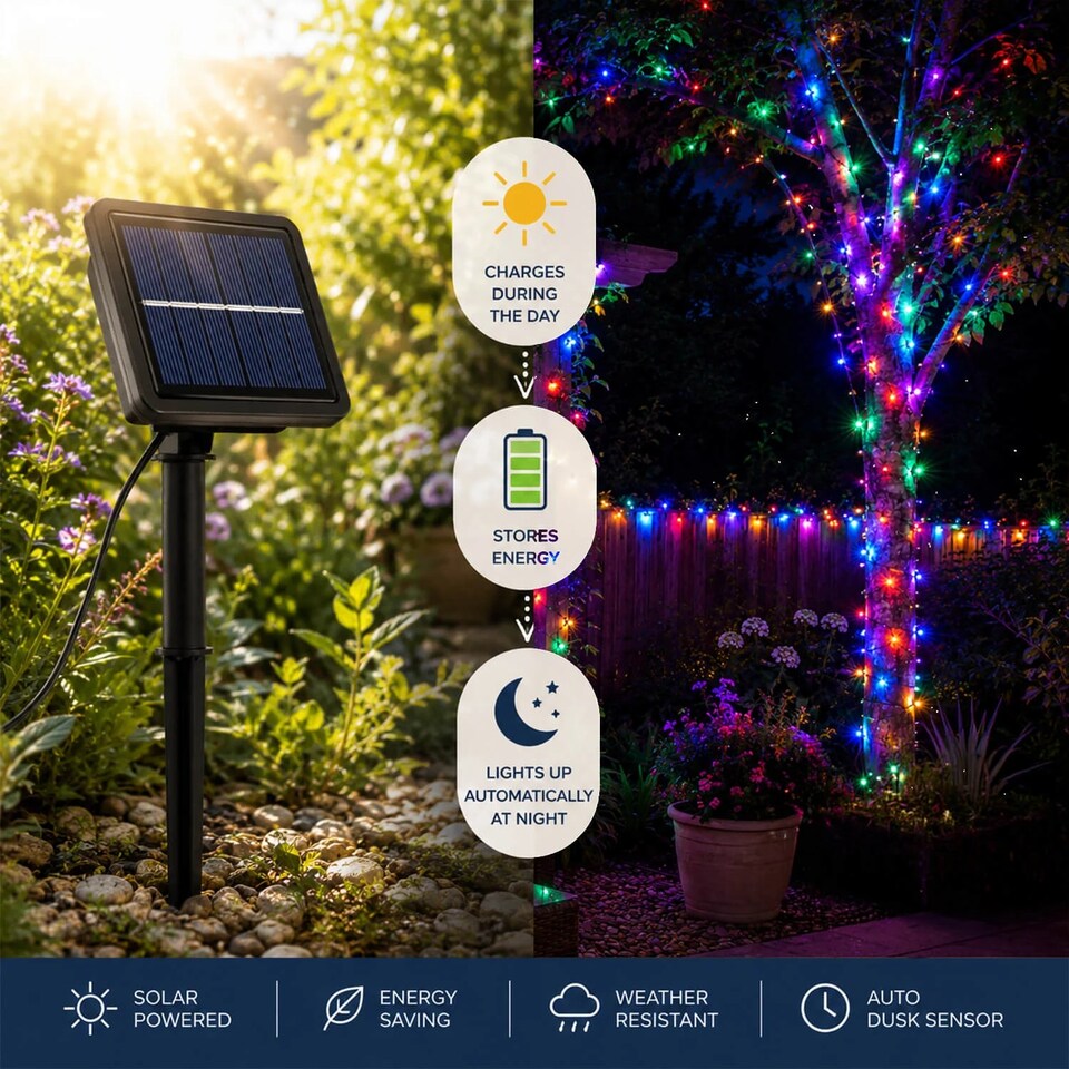image 1 of Coopers Of Stortford Solar String Lights 200 LED 21.9m 8 Light Effects