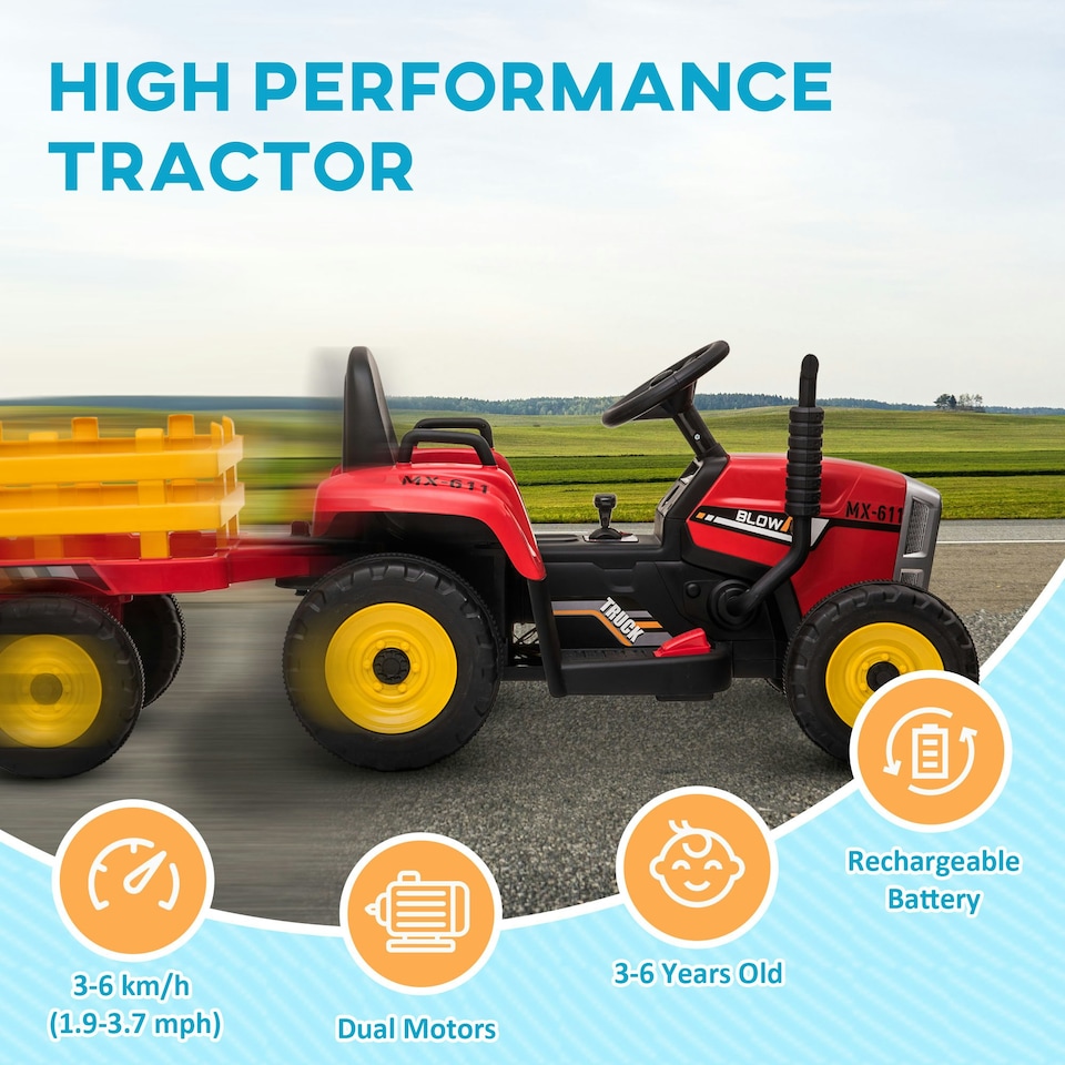 image 1 of HOMCOM Ride On Tractor with Detachable Trailer, Remote Control, Music - Red