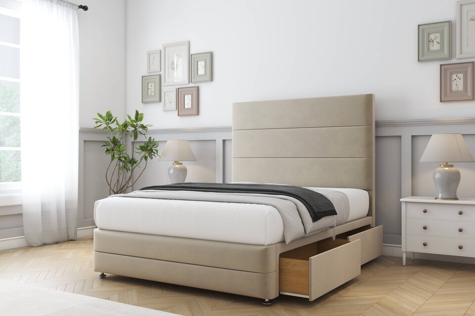 image 1 of Sloomy Monaco Almond Coniston Divan Bed With Mattress No Drawers With 26" Strutted Headboard & 12" Matching Footboard 3' Single | Cream | Almond | Single | 1