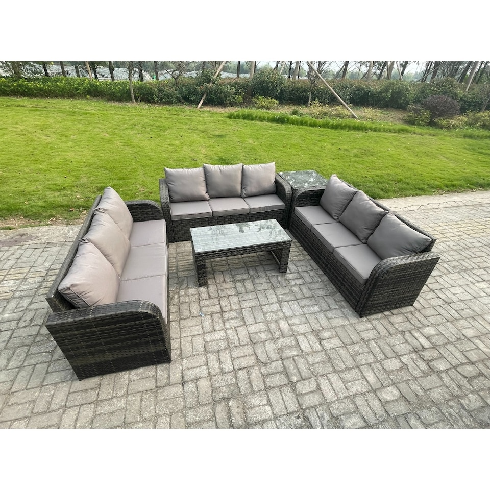 image 1 of Fimous Outdoor Lounge Sofa Set Rattan Garden Furniture Set with Rectangular Coffee Table Side Table 3 Seater Sofa Dark Grey Mixed