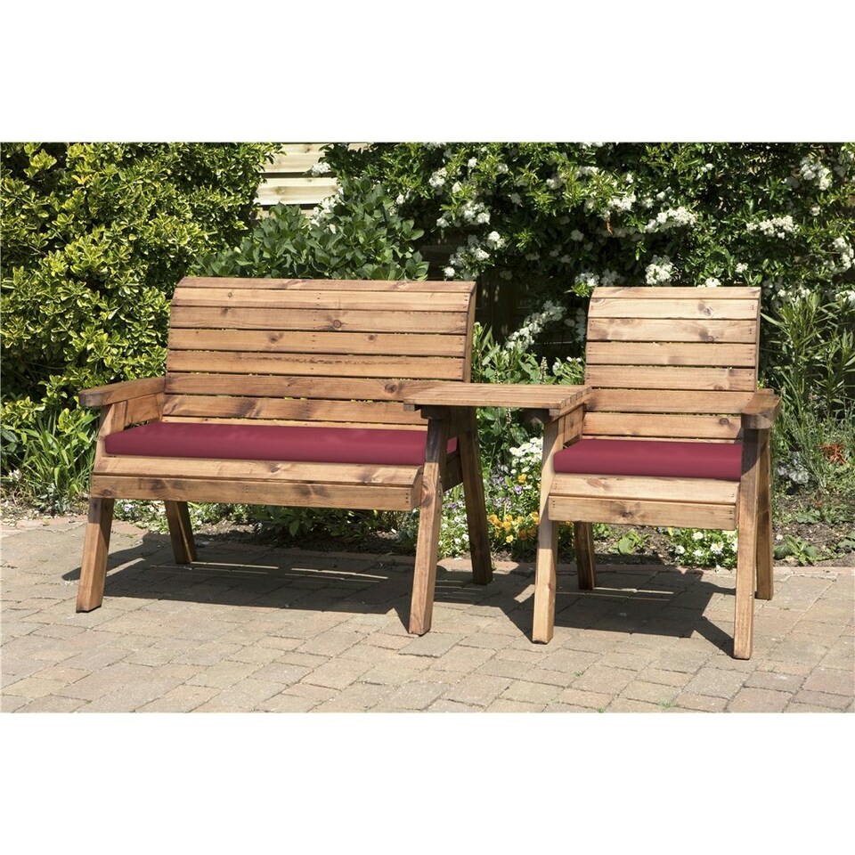 image 1 of Wooden 3 Seat Straight Companion Set With 1 x Bench Cushion Burgundy,1 x Chair Cushion Burgundy & 1 x Fitted Cover