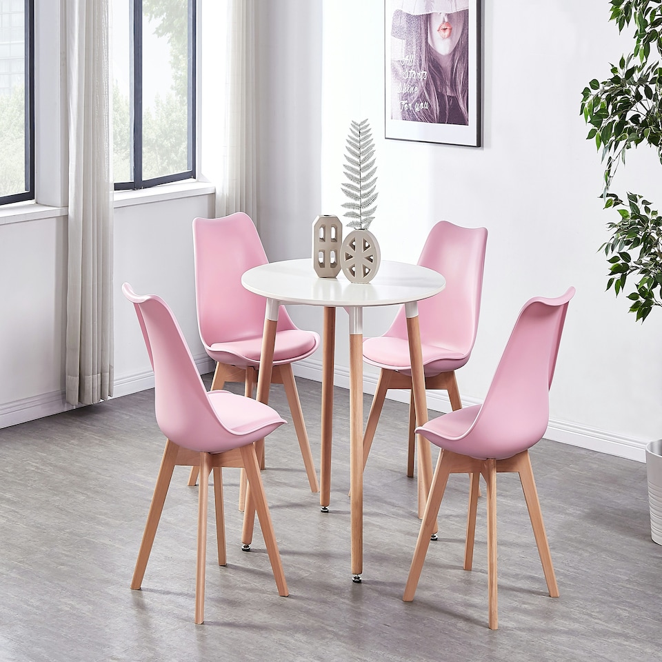 image 1 of 5PCs Dining Set - a White Round Dining Table & Set of 4 White Lorenzo Tulip chairs with Padded Seat | Pink