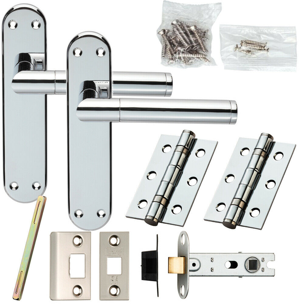 Loops Door Handle & Latch Pack Chrome Round Straight Bar Lever Backplate 180 x 40mm