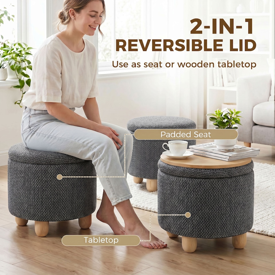 image 1 of HOMCOM Round Storage Ottoman with Reversible Lid