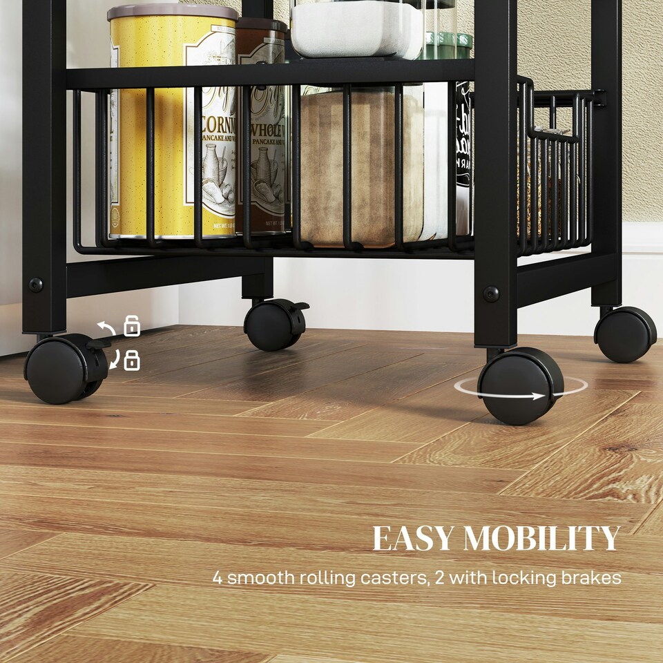 image 1 of HOMCOM 4-Tier Kitchen Island on Wheels with 4 Pull-Out Baskets, Light Grey