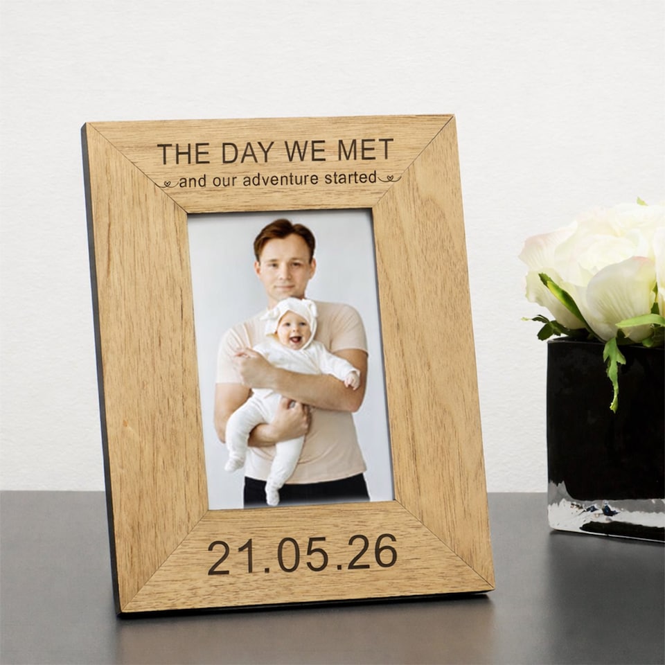 image 1 of Personalised The Day We Met Wood Picture Frame 6x4 Anniversary Couple