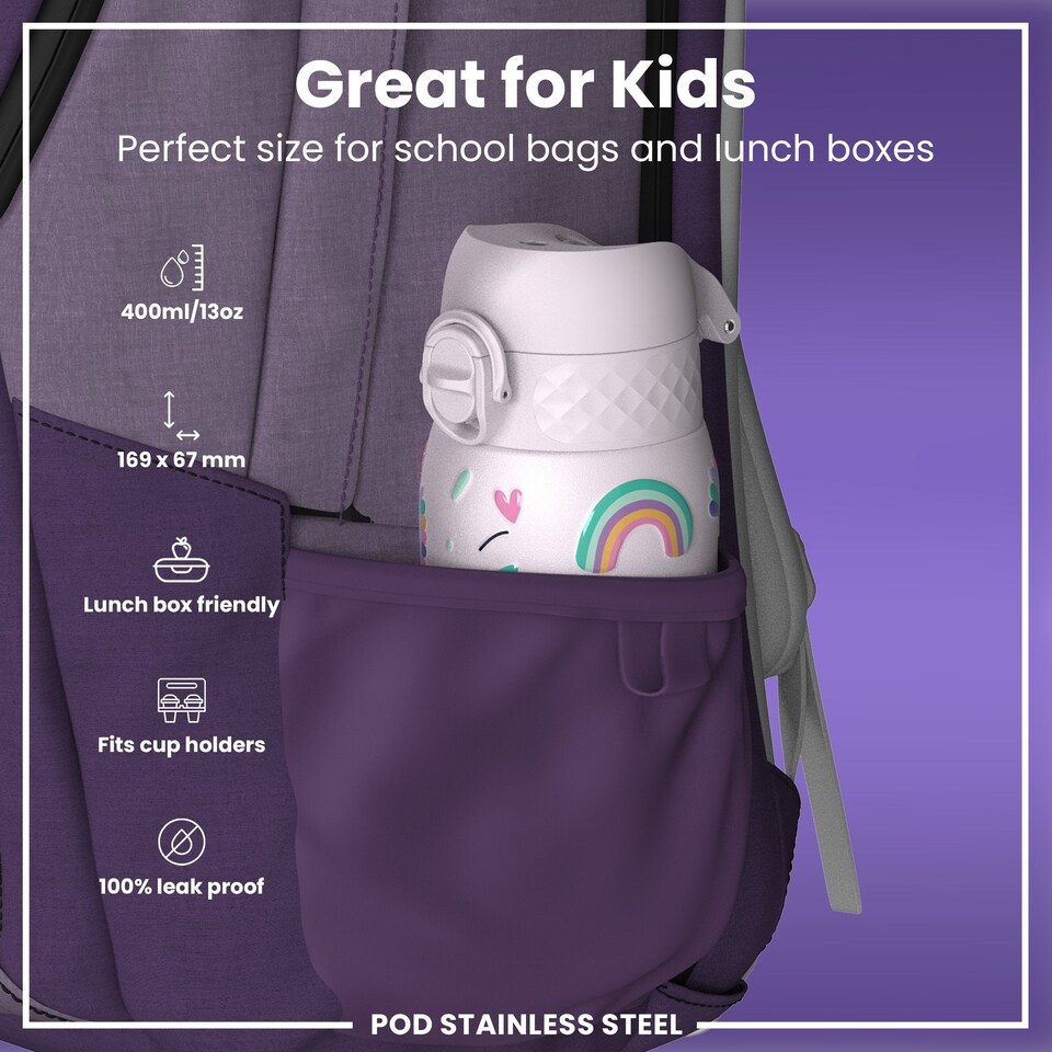 image 1 of Leak Proof Kids Water Bottle, Stainless Steel, 400ml (13oz) | Pink | Unicorn | One Size