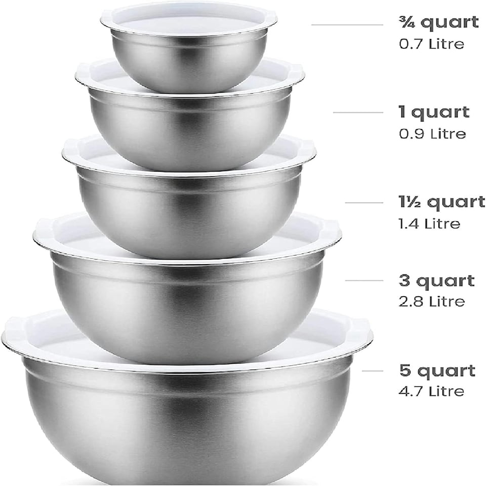 image 1 of Mixing Bowl Set of 5, Stainless Steel Nesting Bowls for Meal Preparation Kitchen Baking Air Tight White lids