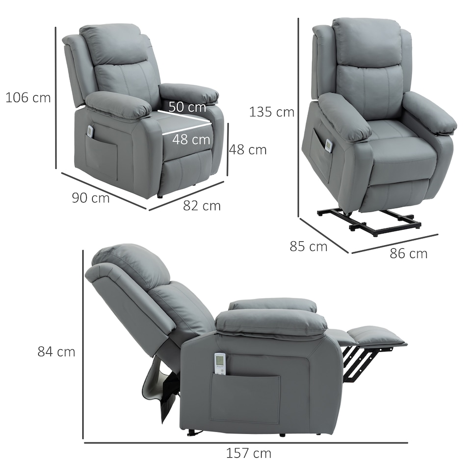 image 1 of HOMCOM Riser and Recliner Chair with Massage, Heat, Power Lift Recliner Chair for Elderly with Remote Control, Extended Footrest, Dual Side Pockets, Overstuffed Electric Reclining Armchair, Grey | Grey