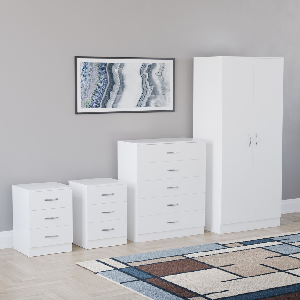 image 1 of Vida Designs Riano 4 Piece Bedroom Set (3 Drawer Bedside Chest, 5 Drawer Chest, 2 Door Wardrobe) White (5)