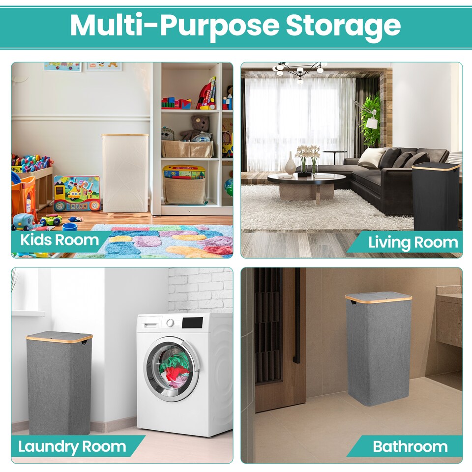 image 1 of 100L Foldable Laundry Hamper with Lid, Collapsible Clothes Basket