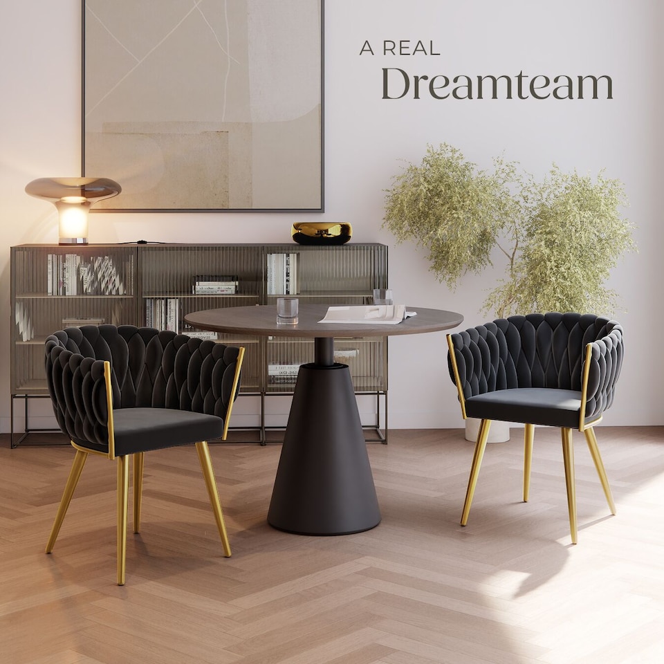 image 1 of Dining Chair Astano - padded, velvet, knot design, continuous backrest | Black | black/gold | 2