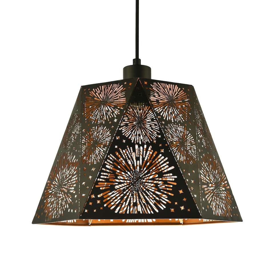image 1 of Designer Hexagonal Pendant Lamp Shade in Matte Black with Starburst Shapes | Black