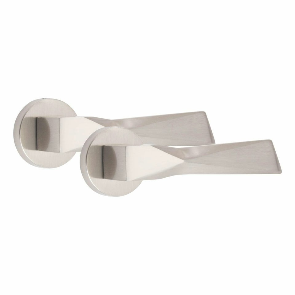 image 1 of Golden Grace 6 Pairs Modern Aura Design Premium Door Handles on Round Rose in Satin Nickel Finish with 2.5" Latch and 1 Pair of Ball Bearing Hinges | Grey | 6 Set