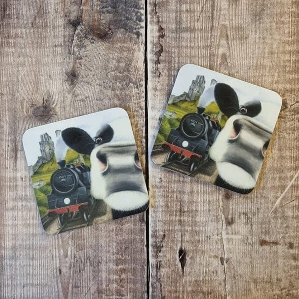 image 1 of Lucy's Farm Moo Selfie at Corfe Railway Melamine Coaster