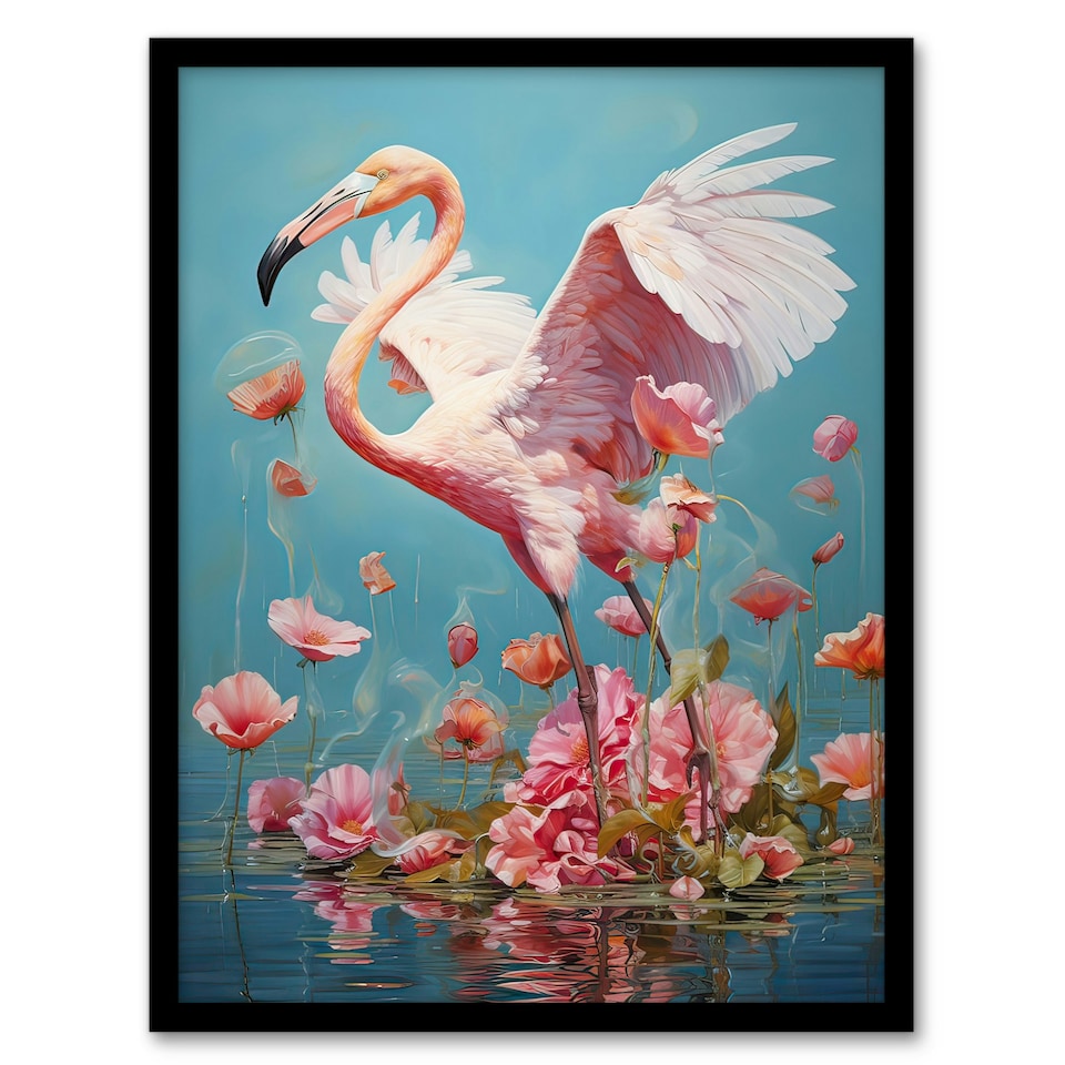 image 1 of Flamingo Flight Lake Dance Pink Floral Water Flowers Black Framed Wall Art Print A4